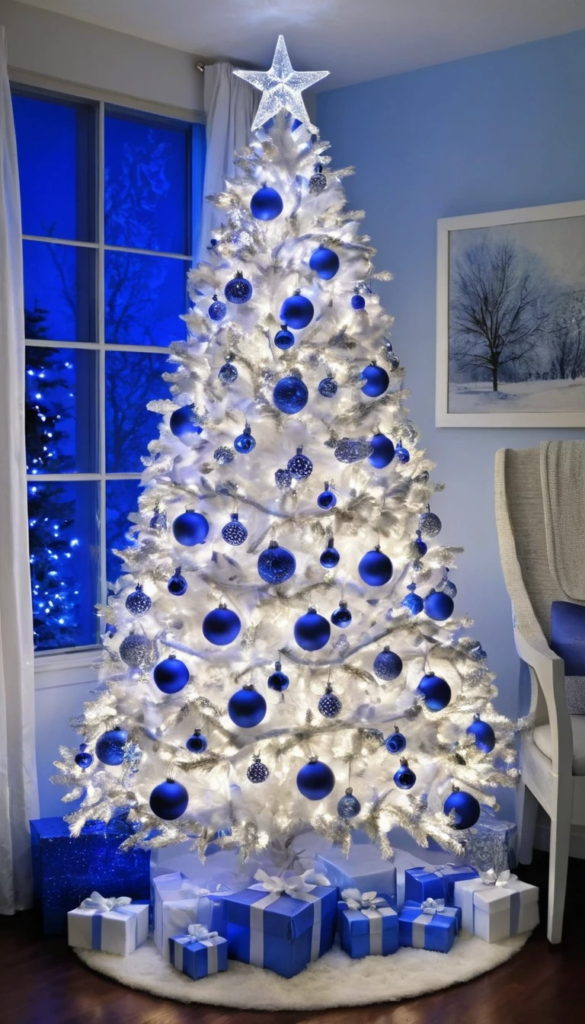 White Christmas Tree with Blue Lights Decorating Ideas